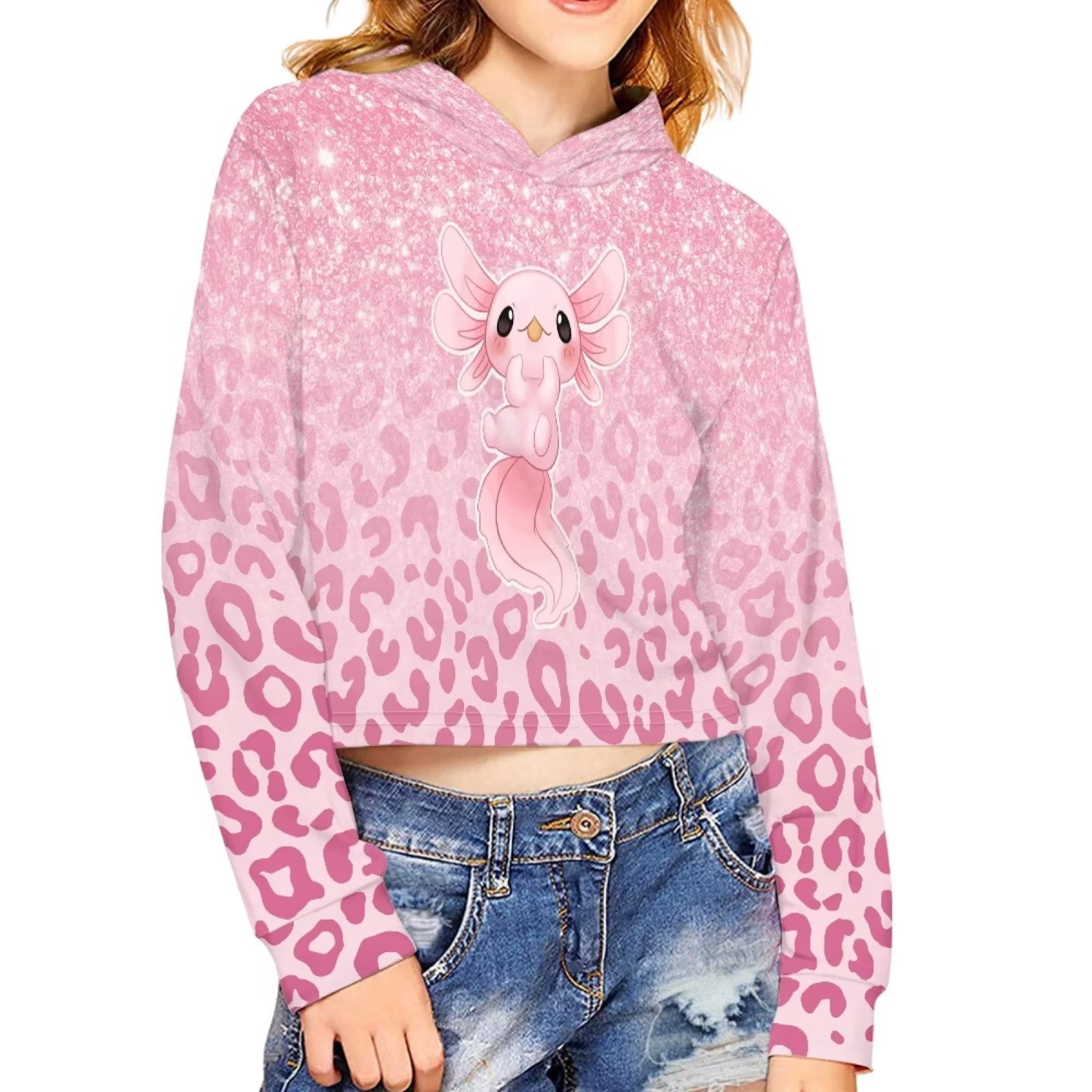 Renewold Pink Leopard Print Axolotl Crop Top Hoodies for Kids 5-6T Trendy Long  Sleeve T-shirts Active Girls Fall Spring Sport Clothes Preppy Pullover  Sweatshirt 