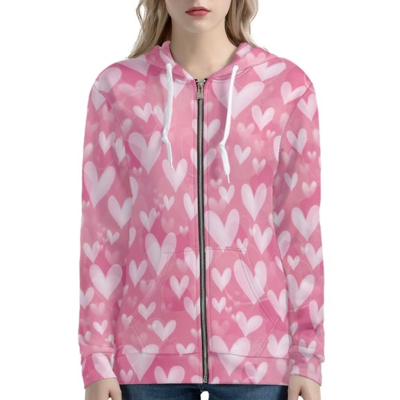 Renewold Pink Love Graphic Zip Up Hoodie for Women Size 4XL Valentine's Day Long Sleeve Tracksuit Jacket with Front Pocket Stylish Sweatshirt for Exercise Wear
