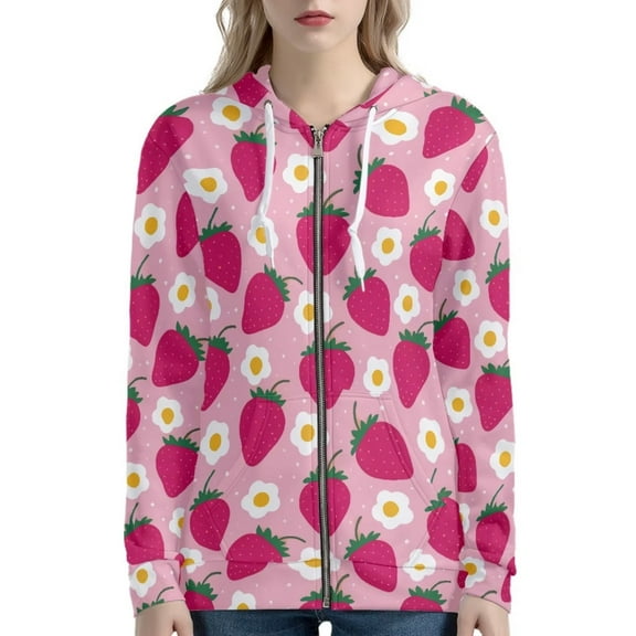 Renewold Pink Oversize Zip Up Hoodie for Women Size XL Strawberries Blossom Cute Sweatshirts Long Sleeve Drawstring Thin Jersey Comfort Breathable Outwear with Pocket