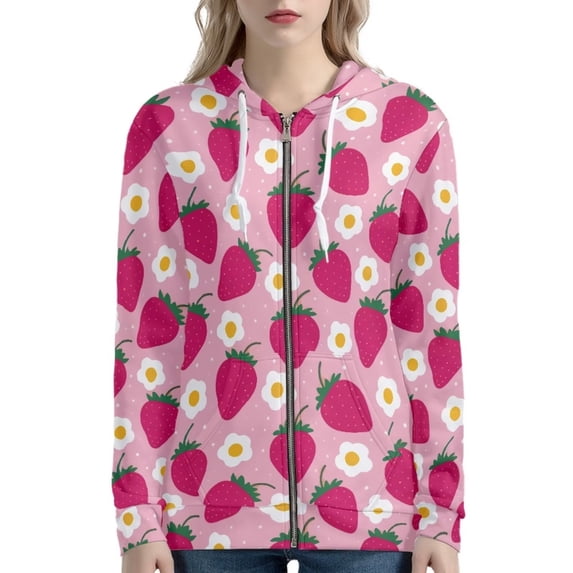 Renewold Pink Oversize Zip Up Hoodie for Women Size XS Strawberries Blossom Cute Sweatshirts Long Sleeve Drawstring Thin Jersey Comfort Breathable Outwear with Pocket