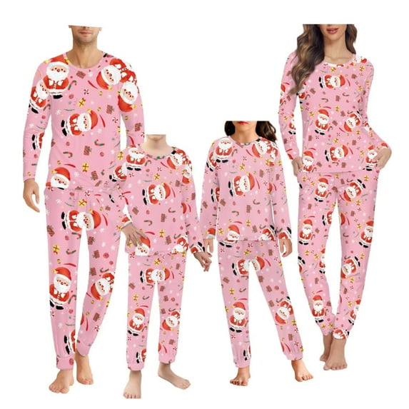 Renewold Pink Pajama for Family All Sizes Christmas Warm Family Pajamas Set Matching 2 PCS Santa Candy Canes Long Sleeve Tee & Elastic Waist Pants Thermal Women Sleepwear Size L