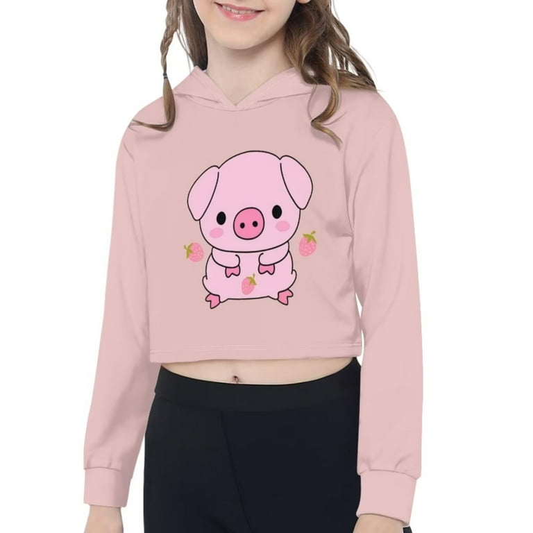 Renewold Pink Preppy Cropped Hoodies for Kids Girls 7 8 Casual School Uniform Pullover Hoody Active Strawberry Pig Round Neck Long Sleeve Sweatshirt