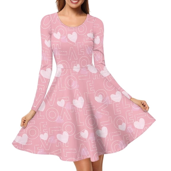 Renewold Pink Winter Dress for Special Occasions Love Heart Long Sleeve Crew Neck Twirl Swing Dresses Women Casual Party Dress Flowy Dress Size 2XL, Valentine's Day
