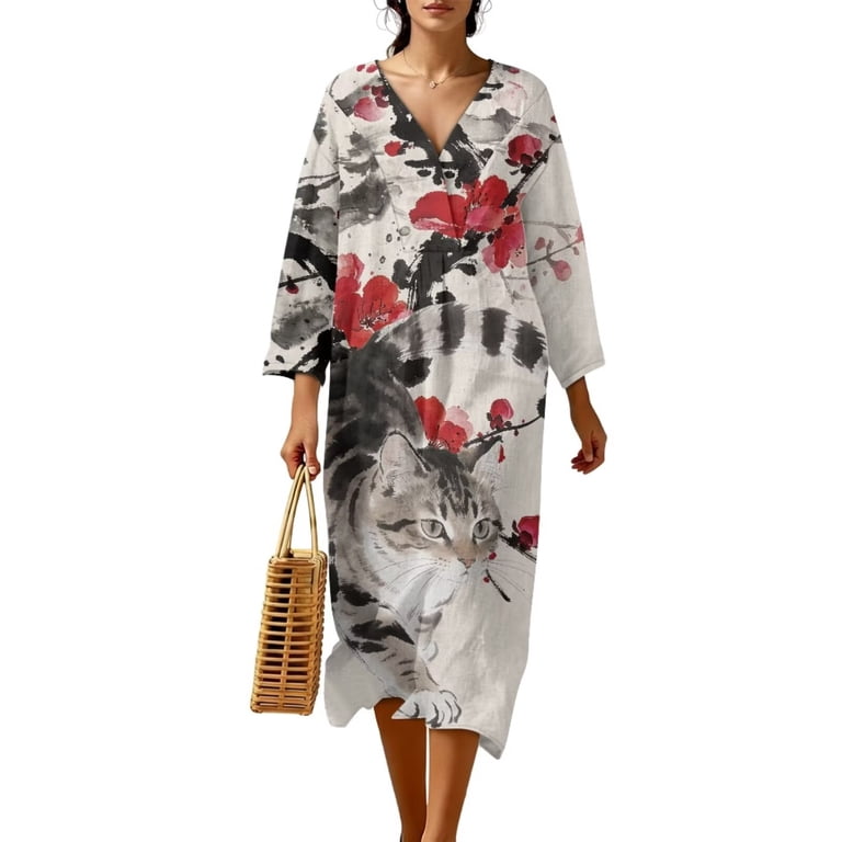 long tunic dresses for older ladies Renewold Plum Blossom Cat Print Women Animal Pattern Sleeve Loose Swing Trendy Women Floral Ink Painting Dress Lightweight Oversized Dresses Travel Vacation, XL bridesmaid dresses 2024