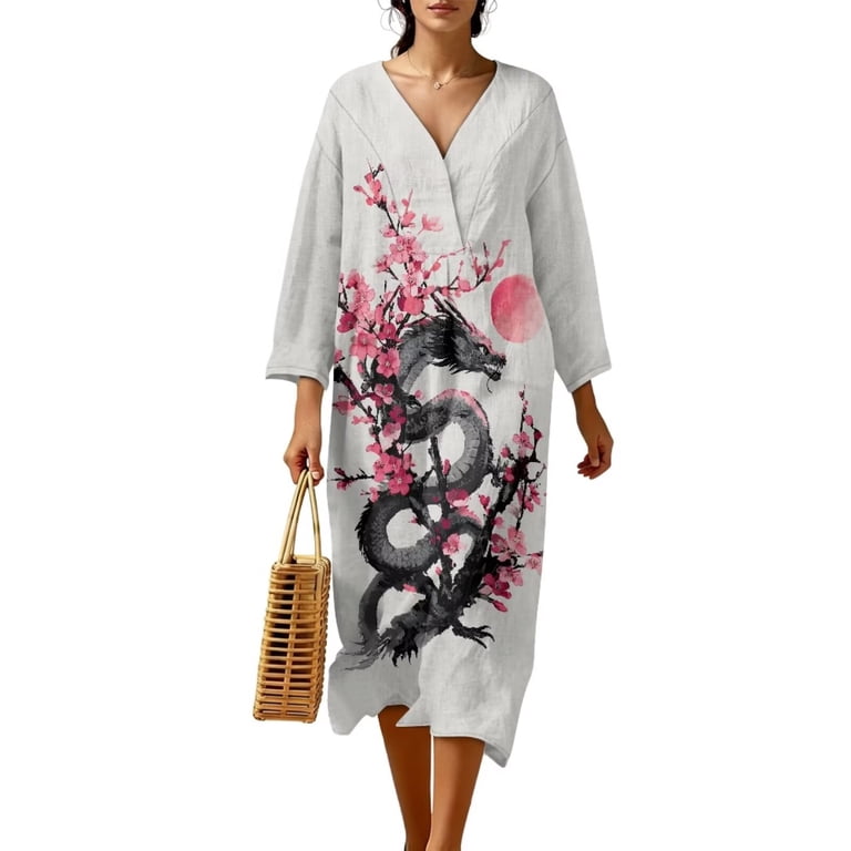 Renewold Plum Blossom Dragon Print Women Leisure Dress V Neck Japanese Art Style Midi Dress Soft Skin-friendly Linen-Look Polyester Maxi Dresses