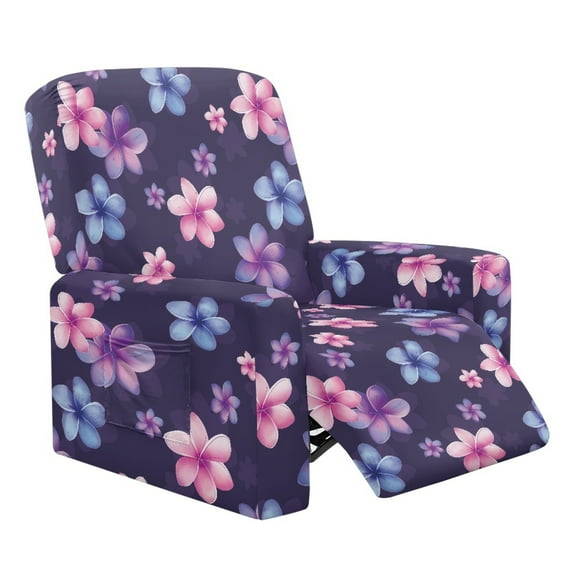 Renewold Plumeria Purple Blue Oversized Recliner Cover Fitted Lazy Boy Chair Cover 4 Pieces Universal Reclining Chair Cover for Standard Large Recliner with Storage Pocket