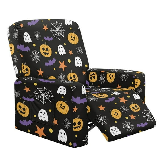 Renewold Pumpkin Ghost Bat Star Recliner Seat Cover Washable Lazy Boy Recliner Chair Slipcover 4 Pieces Stretch Reclining Couch Cover for 1 Cushion Reclining Sofa Home Halloween Decor
