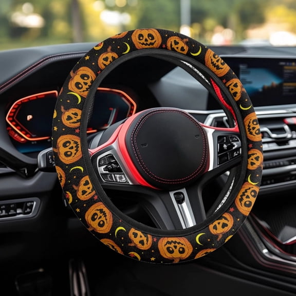 Renewold Pumpkin Moon Star Car Steering Wheel Cover Soft Stretch Auto Steering Wrap Protector for Women Girls, Universal Fit Halloween Auto Decor