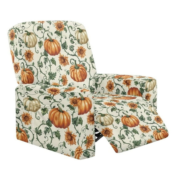 Renewold Pumpkin Sunflower Leaf Lazy Boy Recliner Chair Cover Polyester Spandex Sofa Cover 4 Pieces Breathable Soft Single Seat Couch Slipcover with Pocket for Living Room Autumn Decor