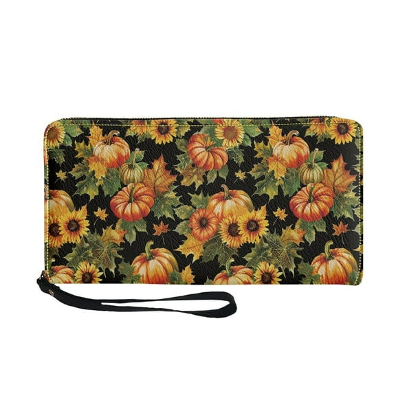 Renewold Pumpkin Sunflower Maple PU Leather Wallet for Women Faux Leather Handbag with Wristlet Zipper Card Holder for Shopping Travel Beach Autumn Fall