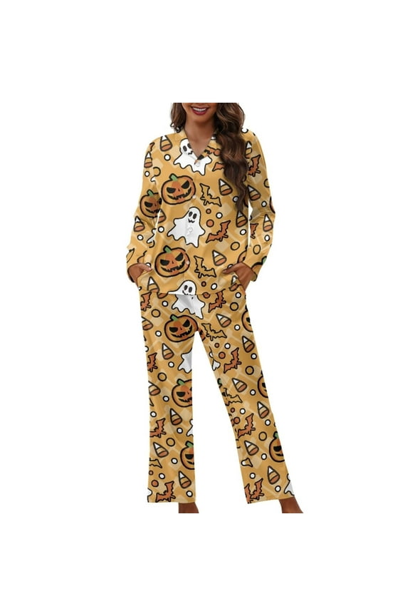 Pumpkins Ghosts Pj Set for Women Halloween Button Pajamas Elastic Scoop Neck Nightgown Tracksuit Personalized 2 Pack Long Sleeve Sleepwear Thermal Indoor Nightwear Size 4XL