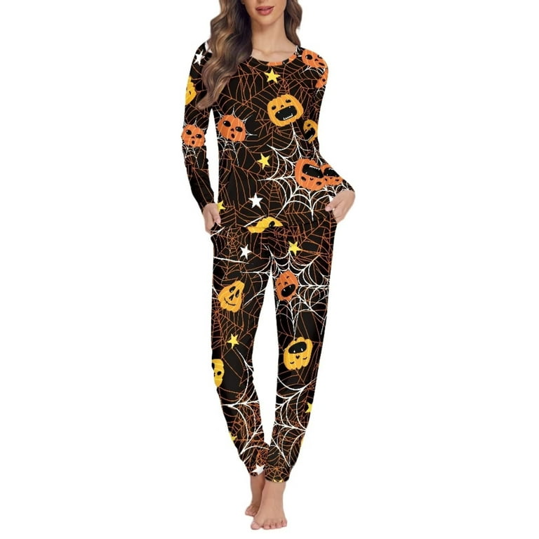 Renewold Pumpkins Spider Web Pajamas for Women 2 Pieces Snug-Fit Long  Sleeve Sleepwear Pants Matching Set Trendy Halloween Jogger Sweatsuit  Pullover Outfits Size XL 