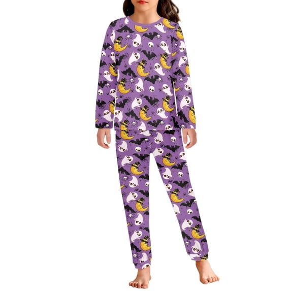 Renewold Purple Pajamas for Girls 13-14T Skin Friendly Pjs Pants Halloween Nightwear 2 Pieces Moon Ghosts Home Indoor Life Long-Sleeve Fall Clothing Sleepwear Set