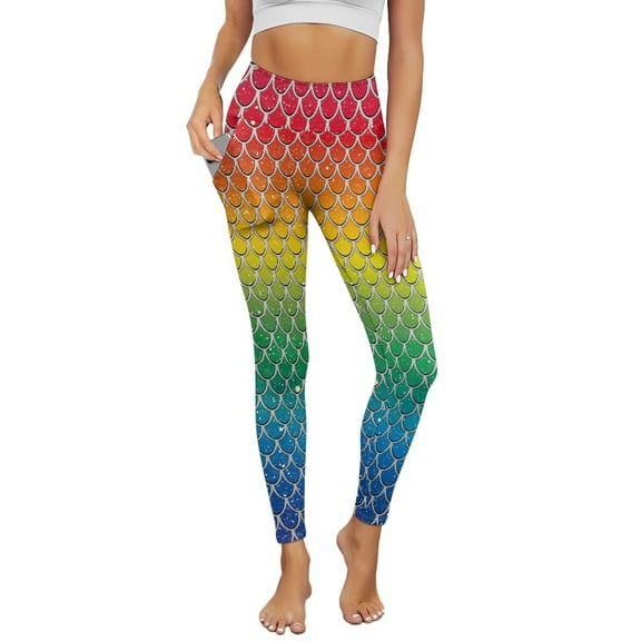 Renewold Rainbow Mermaid Scales Womens Leggings with Pockets High Waisted Hip Lift Tummy Control Yoga Pants Buttery Soft 4 Way Stretch Workout Yoga Pants Cute Activewear, M