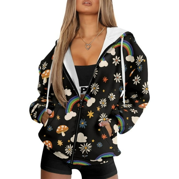 Renewold Rainbow Mushroom Hippie Flower Women's Oversized Casual Hoodies Fleece Jackets Hoodies Drop Shoulder Pullover Full Zip Long Sleeve Fleece Sweatshirts Y2K Jackets Sweater for Ladies, XS