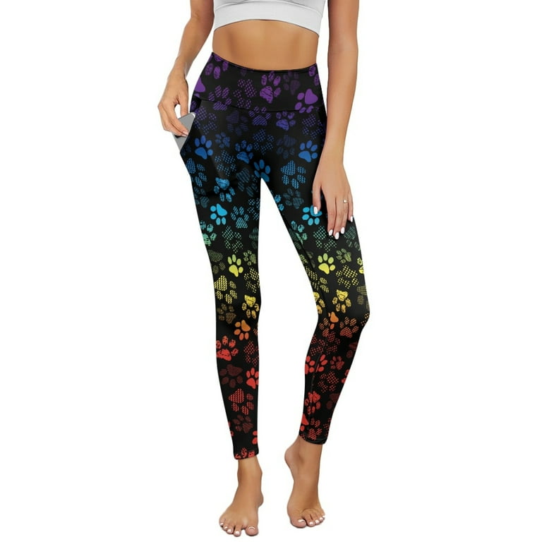 Renewold Rainbow Paw Print Pocket Yoga Leggings for Women Yoga