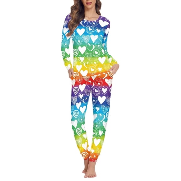 Renewold Rainbow Stripes Pajama Nightwear for Women Long Sleeve Hearts Sleepwear Set Valentine's Day Home Wear 2 Pack Comfy Yoga Jogger Outdoor Athletic Outfits Size 2XL
