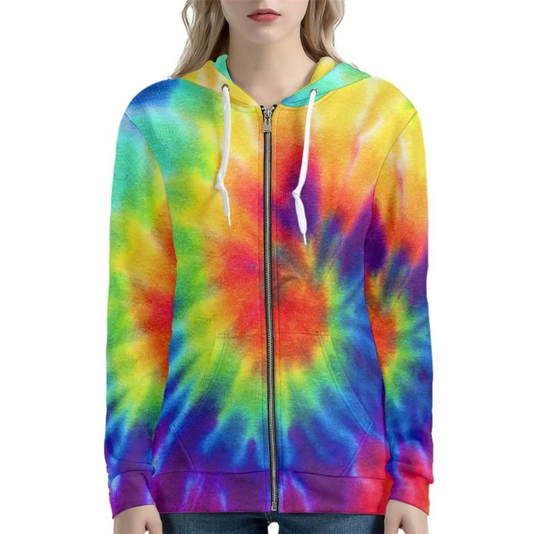 Renewold Rainbow Whilpool Tie Dye Full Zip Up Hoodies Jacket for Women  Trendy Crewneck Long Sleeve Daily Wear Clothing Sweatshirt Size 2XL for  Volleyball Cycling Jogging 