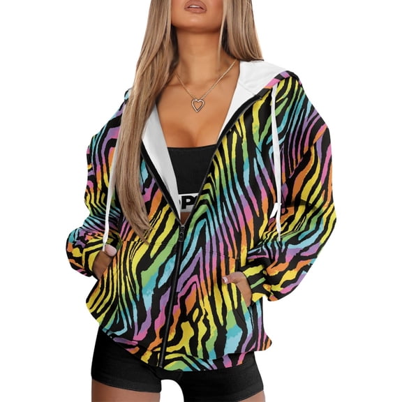 Renewold Rainbow Zebra Print Women's Oversized Hoodies Jacket Coat Fleece Sweatshirt Hoodie Long Sleeve Casual Hoodie Tops Sweatshirts Workout Jacket Coat Pullover Winter Fall Outfits, XS