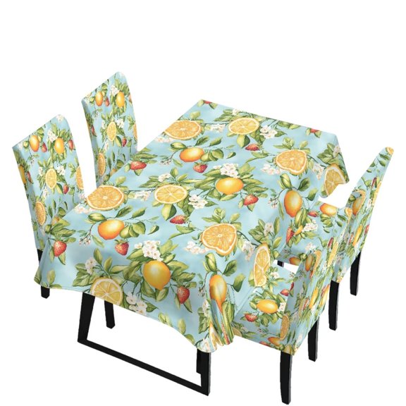 Renewold Rectangle Table Cloth and Dining Chair Covers Set of 5, Scratch-resistant Dining Chair Slipcovers Soft Table Cover Machine Washable Home Decor, Lemon Strawberry Floral Print
