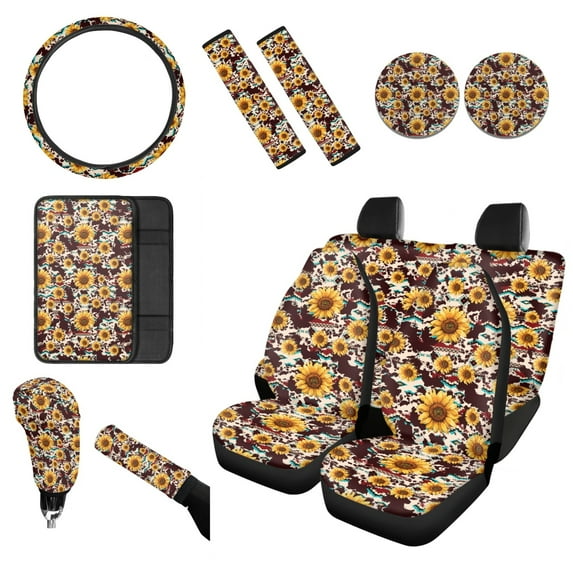 Renewold Red American Tribal Sunflower Brown Cow Print 12 Pieces Car Seat Cover Steering Wheel Cover Seat Belt Strap Wrap Cover Armrest Pad Handbrake Cover Gear Shift Cover Cup Holder Coasters