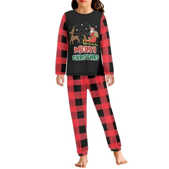 Renewold Red Black Buffalo Grid Pajama Set Merry Christmas Long Sleeve Elastic Nightwear 2PCS Teens Casual Wear Outfits Comfort Sleepwear Lounge Wear Size 13-14