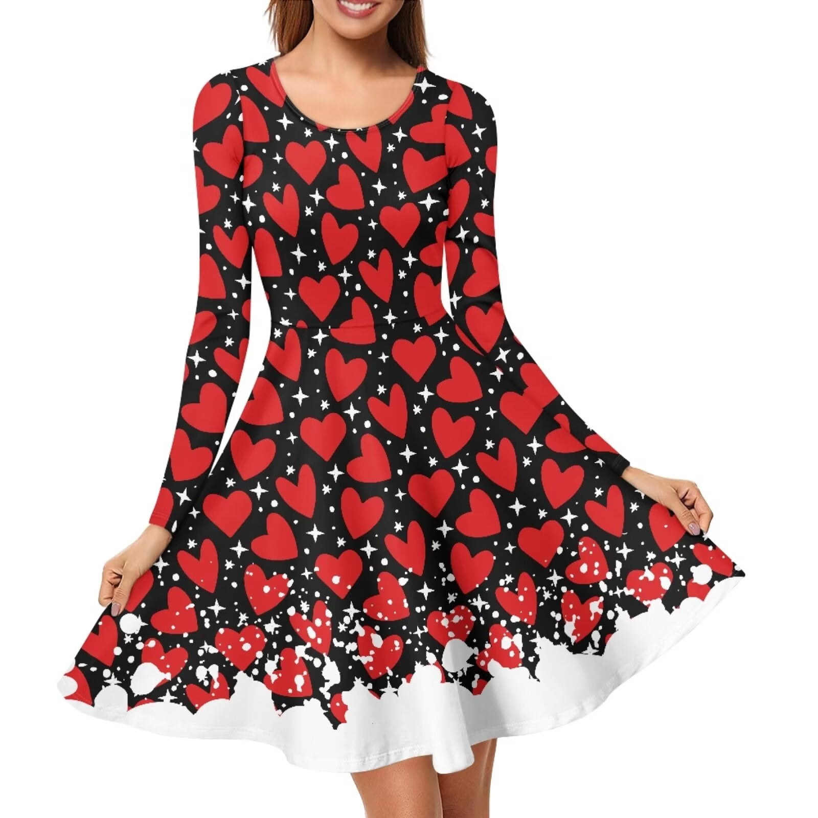 Renewold Red Heart Graphic Long Sleeve Women Dresses Valentine's Day A-Line Swing Dresses Size L Casual Party Twirly Dress Daily Life Vacation Tour