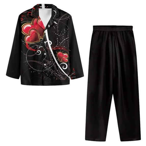 Renewold Red Hearts Pajamas Set of 2 Women Valentine's Day Casual Crew Neck Button Nightwear Size 2XL Relaxed Home Clothing Black Sleepwear for Fall Winter
