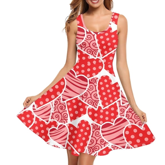 Renewold Red Hearts Tank Dresses for Women Plus Size M Fashion Holiday Party Dress Elastic Comfortable High Waistline Skater Dress, Valentine's Day