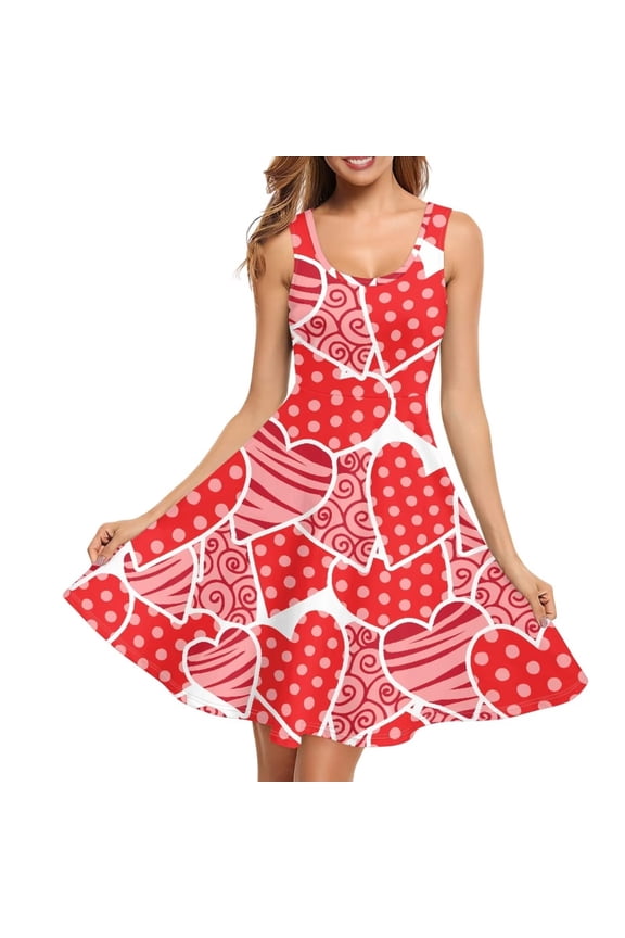 Red Hearts Tank Dresses for Women Plus Size M Fashion Holiday Party Dress Elastic Comfortable High Waistline Skater Dress, Valentine's Day