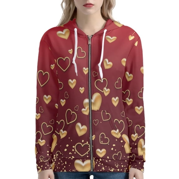Renewold Red Hoodie Zip Up Jacket Sweatshirt for Women Size 4XL Valentine's Day Casual Hooded Tops Gold Heart Long Sleeve Y2K Streetwear with Front Pocket