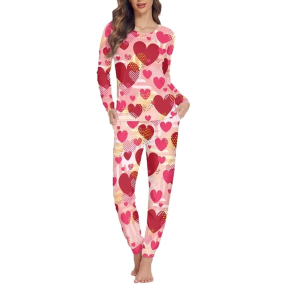 Renewold Red Pink Hearts Pajamas Top & Pants Set of 2 Valentine's Day Trendy Women Athletic Sleepwear for Jogger Yoga Warmth Leisure Sleep Night Clothes Size 3XL