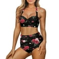 thumbnail image 1 of Renewold Red Pink Roses Women Bikinis Plus Size L Fashion V Neck Halter Swimsuit Soft Backless Ruched Ruffle Bathing Suit Skin-Friendly Crop Tops+High Waisted Briefs, 1 of 6