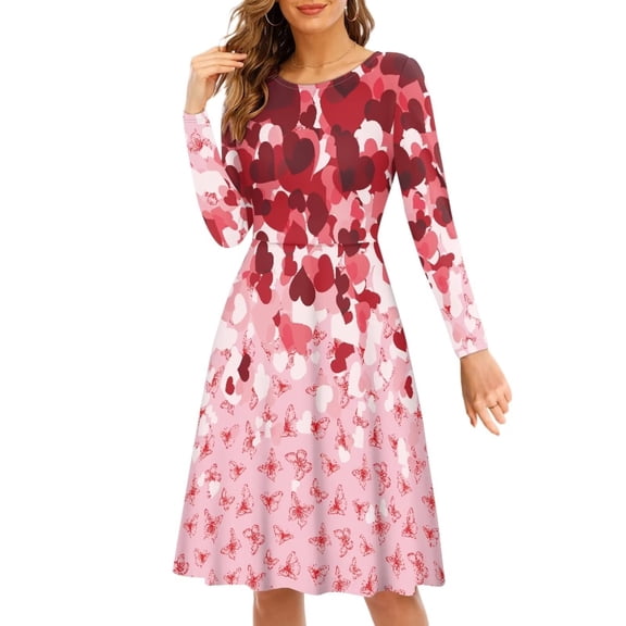 Renewold Red Valentine's Day Women Dress Butterfly Heart Pleated Beach Sundress Breathable Thin Basic Skater Dress Size L Self Cultivation Long Sleeve Dresses