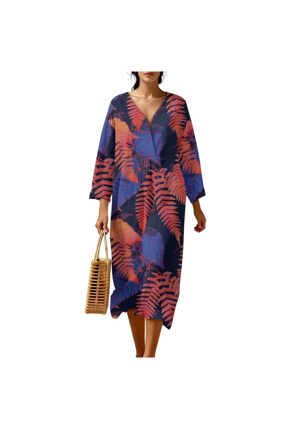 Red Violet Fern Leaf Print Leisure Dress for Women V Neck Long Sleeve Midi Dress Soft Tropical Leaf Print Linen-Look Polyester Maxi Dresses Swimsuit Coverup, L