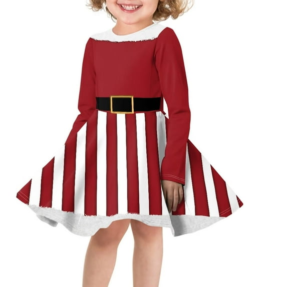Renewold Red White Stripe A Line Long Sleeve Dress for Teen Girls High Waistline Pleated T-Shirt Dresses Kids Princess Christmas Birthday Outfits Size S