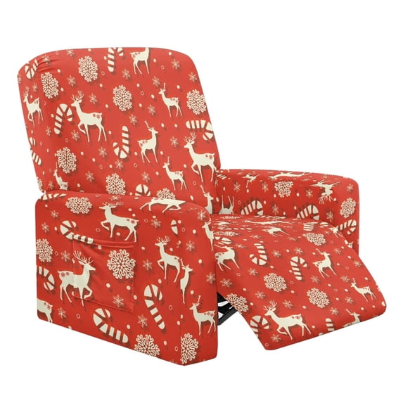 Renewold Reindeer Candy Cane Snowflake Red Recliner Chair Cover Machine Washable Recliner Sofa Slipcover 4 Pieces Universal Reclining Couch Cover with Pocket for 1 Cushion Reclining Sofa