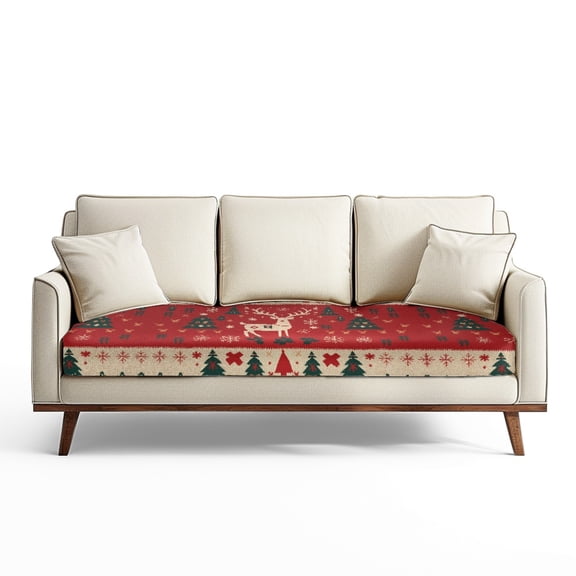 Renewold Reindeer Christmas Tree Retro Couch Seat Slipcover Non-Slip Stretch Sofa Cushion Protector Cover Elastic Fitted Sofa Couch Cover for Living Room Home Decoration, L