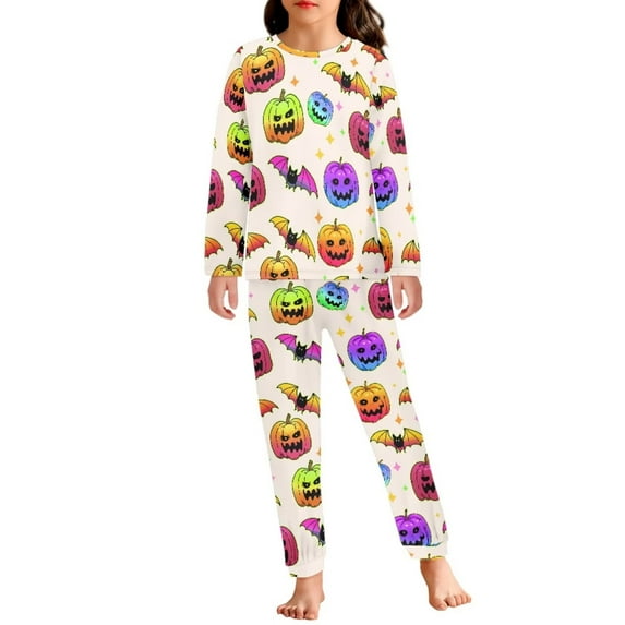 Renewold Relaxed Sleep Nightwear Loungewear for Kids 3-4 Halloween Indoor Activities Sleepwear Outfits Pullover Tops 2pcs Colorful Pumpkins Bats Pajamas Set for Home Life