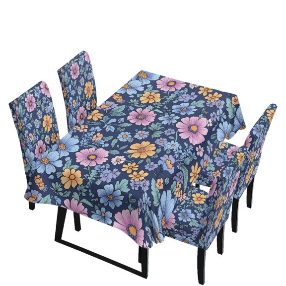 Renewold Removable Kitchen Chair Covers Stretch Machine Washable Dining Table Cloth Rectangle 4 Seater Restaurant Chair Seat Covers Scratch Resistant Tablecloths, Retro Pastoral Flowers Print
