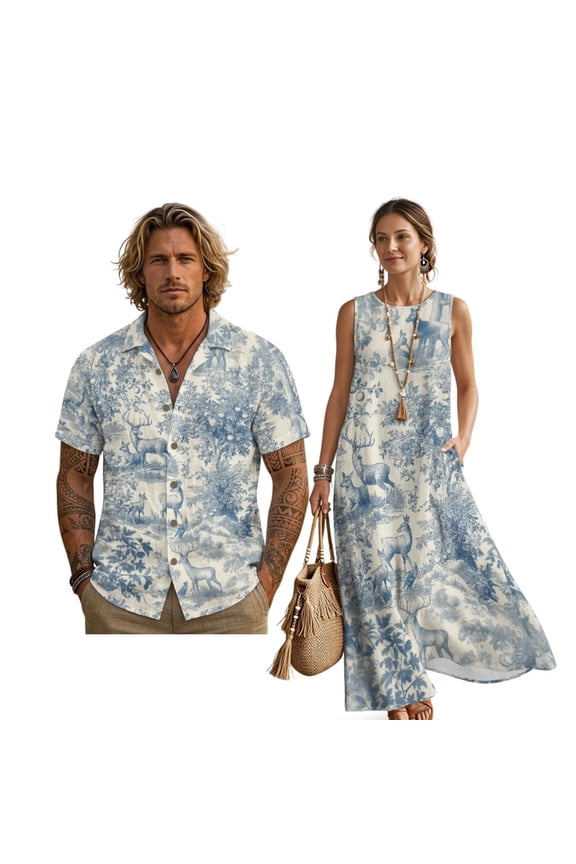 Retro Deer Forest Print Summer Dress with Pockets Skin-friendly Oversized Dress for Women, Summer Short Sleeve Shirts Button Down Beachwear Couple Matching, Blue White, L