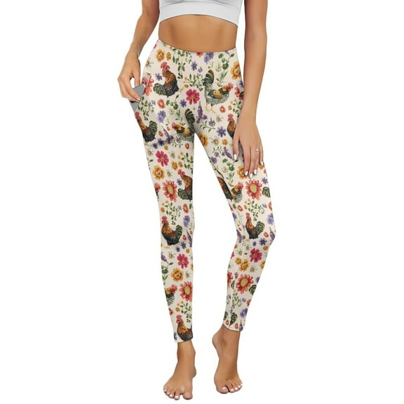 Renewold Rooster Floral Womens Yoga Leggings with Pockets Workout Leggings Full Length High Waisted Running Pants Non See-Through Athletic Tights Printed Tights, M