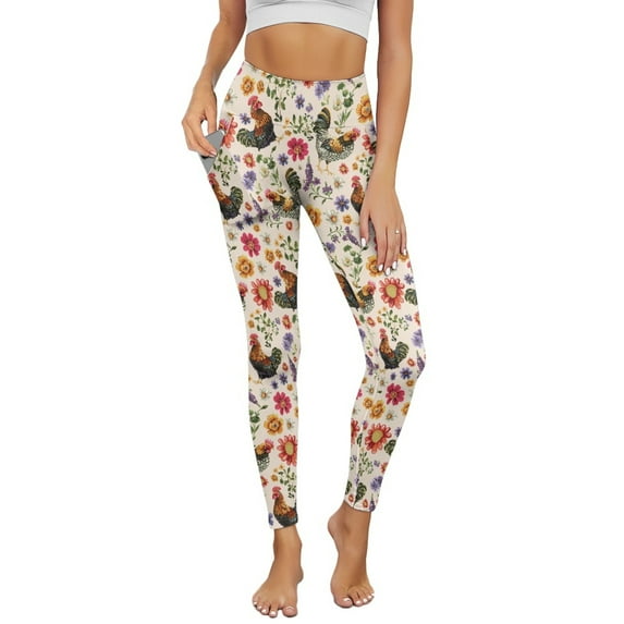 Renewold Rooster Floral Womens Yoga Leggings with Pockets Workout Leggings Full Length High Waisted Running Pants Non See-Through Athletic Tights Printed Tights, XL