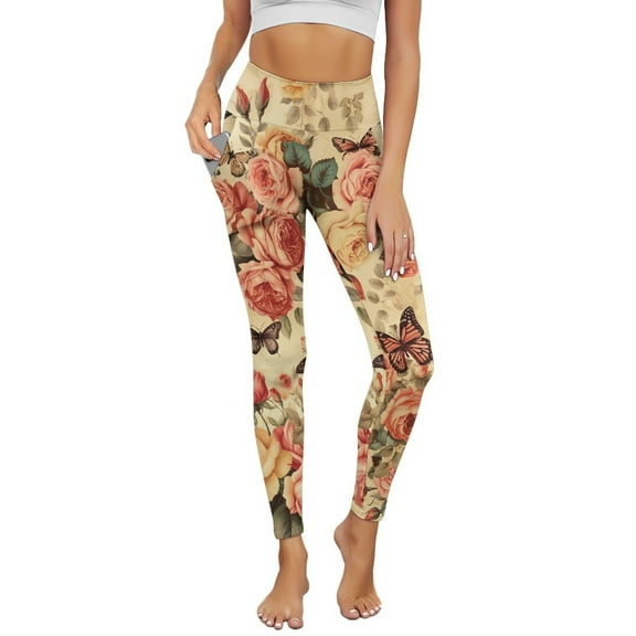 Renewold Rose Butterfly Vintage Yoga Leggings for Women with Pockets Trendy Running Yoga Pants High Waisted Tummy Control Graphic Pants Tights for Cycling Yoga Sports, S
