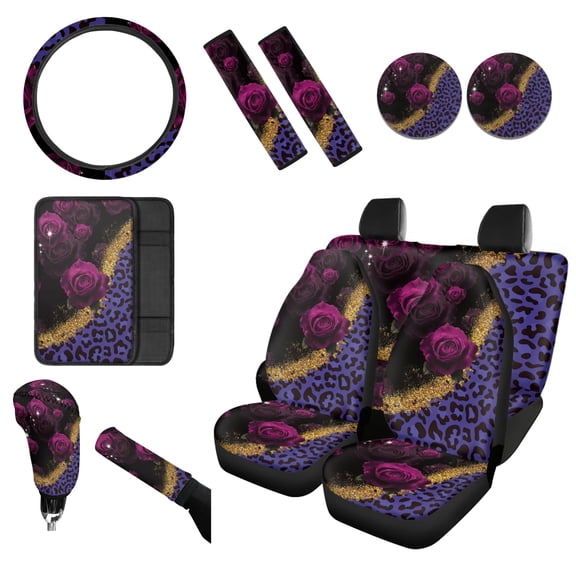 Renewold Rose Violet Leopard Print Car Seat Covers for Women, with Steering Wheel Seat Belt Pads Center Console Handbrake Gear Shift Cover Cup Coaster Holder, Pack of 12