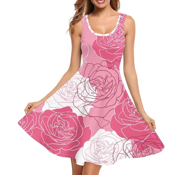 Renewold Roses Tank Dresses for Women Casual Pink Pleated Beach Sundress Valentine's Day Ladies Summer Scoop Neck Midi Tank Dress Size 3XL Soft Skater Dress