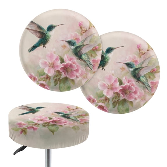 Renewold Round Bar Stool Cover 2 Pack Non-Slip Bar Stool Cushion Cover Vanity Seat Slipcovers for Home Bar Decoration, 13"-15", Retro Hummingbird Flower Beige