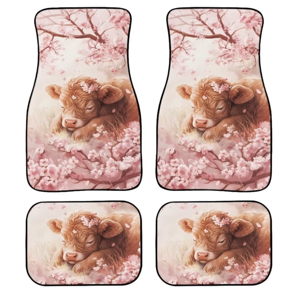 Renewold Rubber Car Floor Mats Auto Carpet Non-slip Rubber Car Rugs Full Set Universal Fit for Most Vehicles Auto Interior Decor, Set of 4, Highland Cow Flower Pink