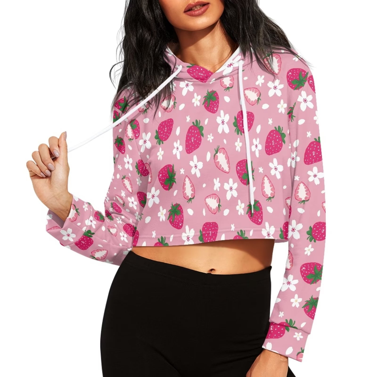 Renewold Sakura Strawberry Crop Top Hoodie & Women Pullover