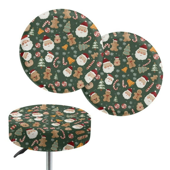 Renewold Santa Claus Green Round Stool Covers Washable Stretch Bar Stool Seat Cover 12"-14" Dustproof Stool Slipcover for Home Bar Christmas Decor, 2 Count